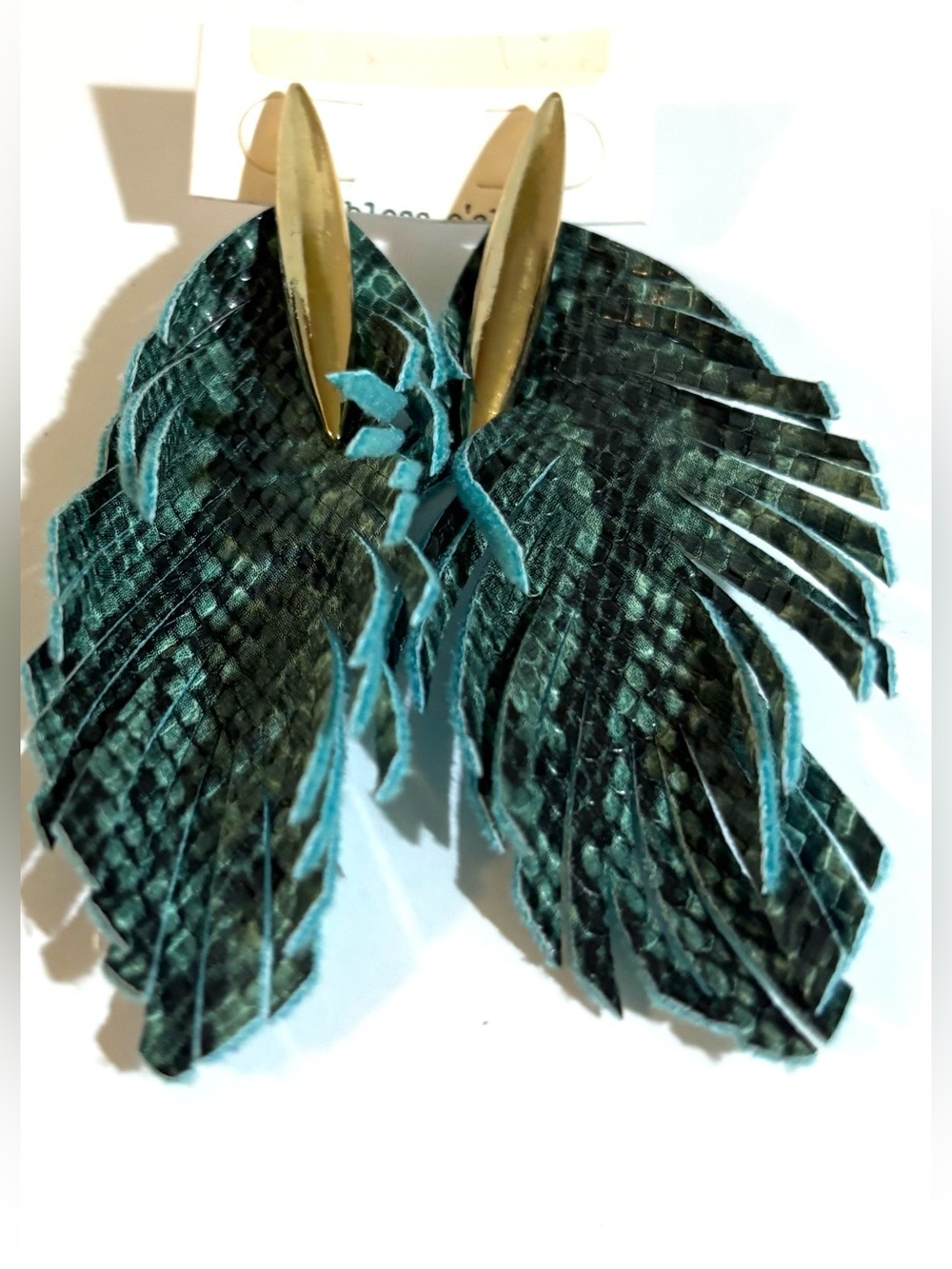 Teal Fringe Feather Drop Earrings - 24K Gold Accent